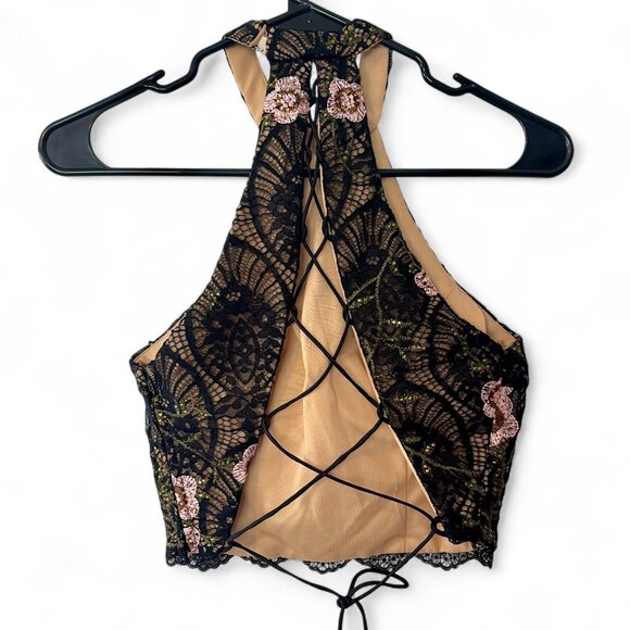 Rachel Allan Sz 2 Floral Lace Embroidered Lace-Up Back Halter Top Black - Picture 8 of 11